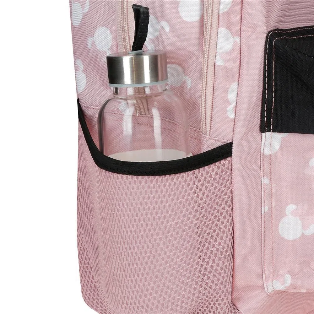 Disney Minnie Heads Mochila infantil, mochila escolar, fabricada en Poliéster, bolsillos laterales, tirantes anchos ajustables, Asa superior para colgarla, sistema magic Fix.