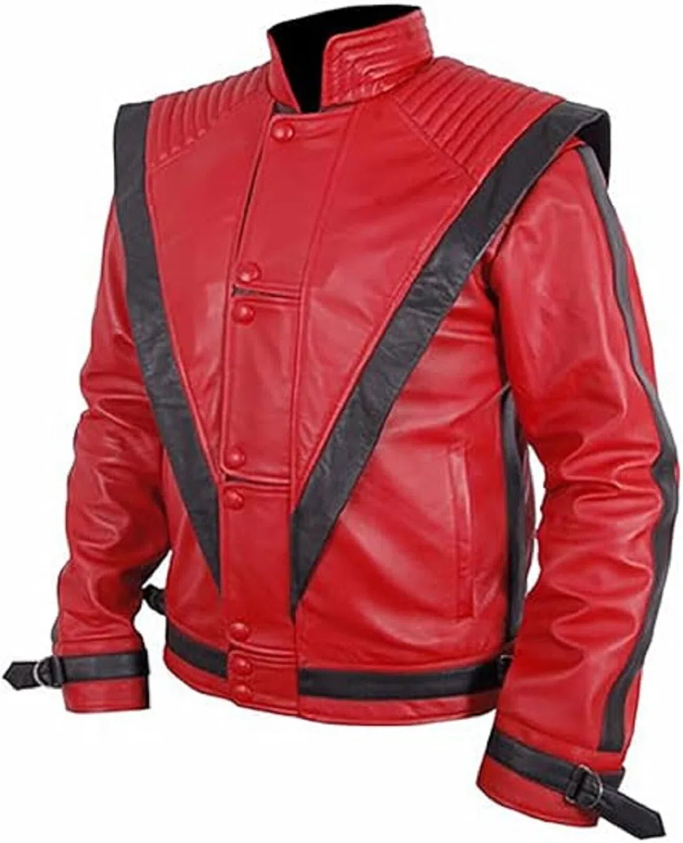 Chaqueta de cuero MJ Thriller para hombre, color rojo real y sintético