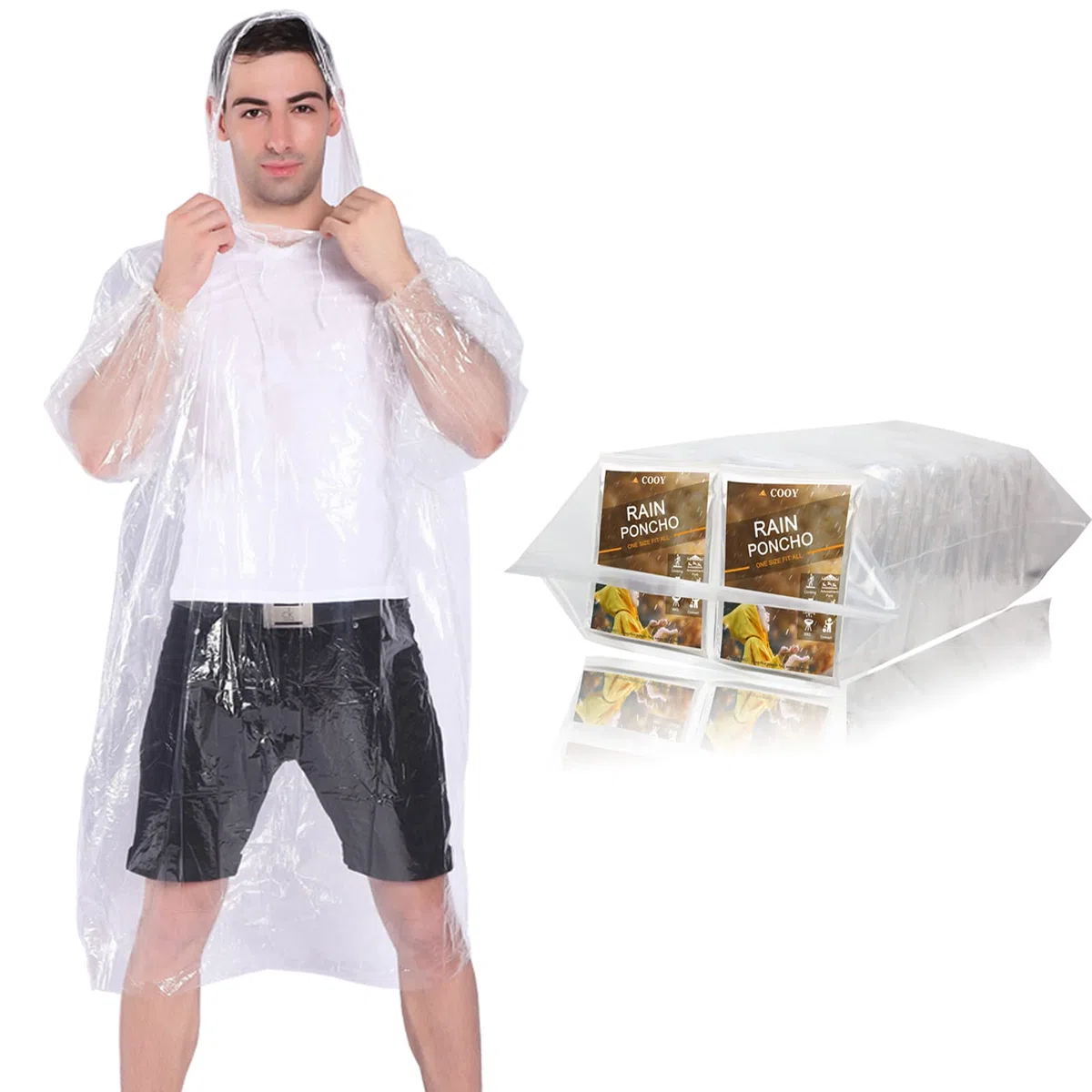 COOY Ponchos de lluvia con capucha con cordón de emergencia desechables para niños, perfectos para Disneyland, (paquete de 100), transparente