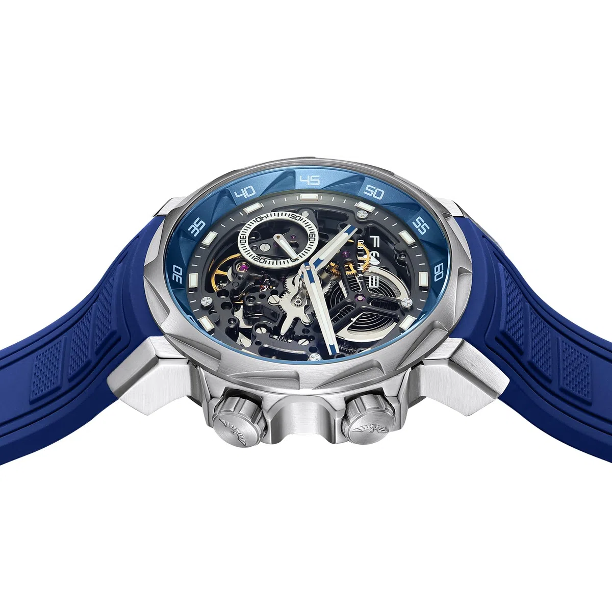 FEICE Reloj Automático para Hombre Esqueleto Cristal de Zafiro con Correa de Caucho Azul Caja de Acero Inoxidable 46mm FM511