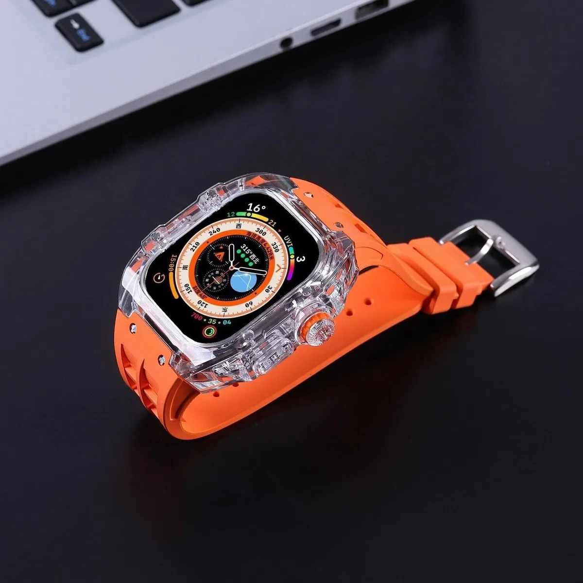 Funda transparente para reloj + correa de silicona líquida, para Apple Watch de 49 mm, estilo RM, funda de protección completa, accesorios de correa deportiva, para hombres y mujeres, serie 8