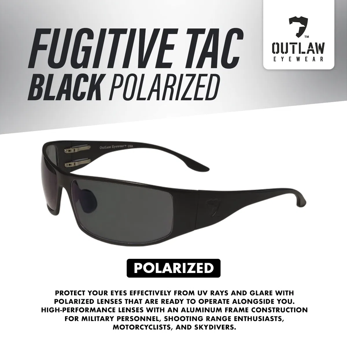 Outlaw Eyewear Adulto, unisex Fugitive armazón táctica negro con lente polarizado gris