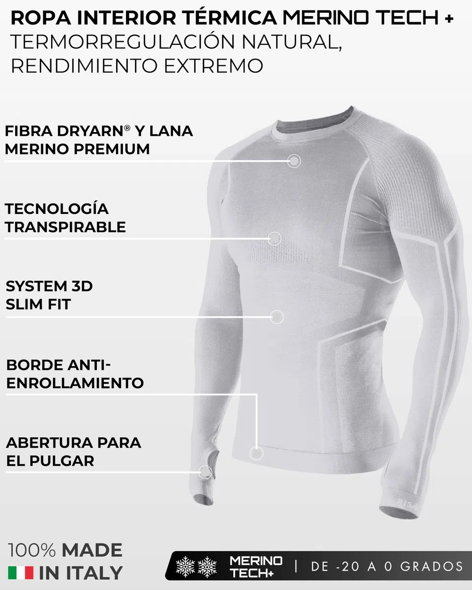 Risalti Camiseta térmica de hombre de manga larga Merino Tech – Camisetas térmicas para hombre de compresión de lana merino, ropa interior térmica para hombre de invierno, térmica, sin costuras –