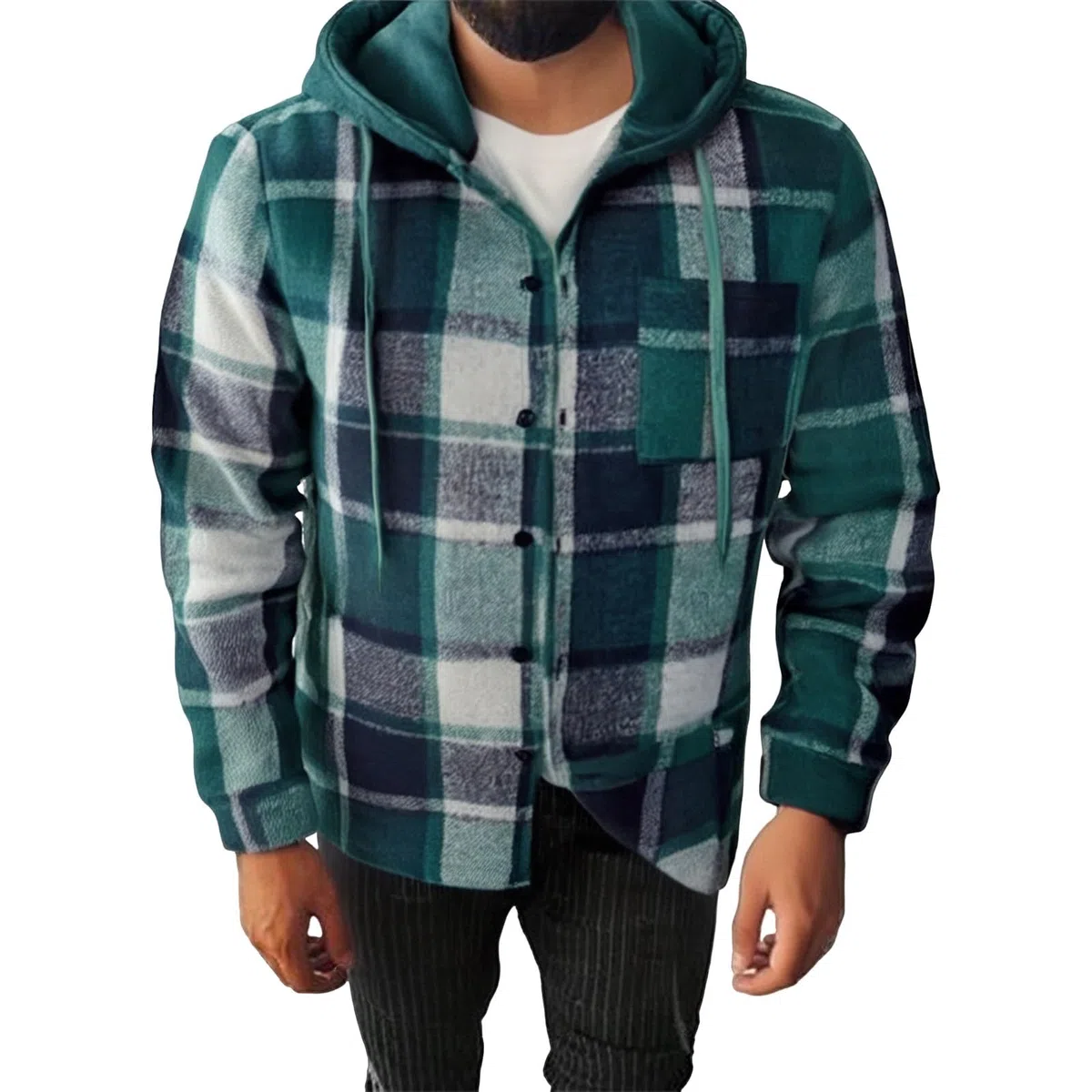 Generisch Chaqueta con capucha para hombre, primavera y otoño, con botones, chaqueta de forro polar, ligera, fina, a cuadros, sudadera gruesa con capucha con bolsillos, cárdigans de manga larga de