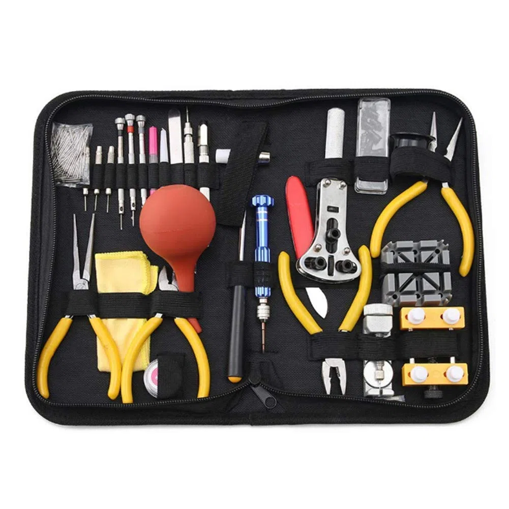 Kit de reparación de relojes en estuche de transporte, kit de herramientas de reparación de correa de reloj que incluye martillo, kit de herramientas de reemplazo de batería de reloj para reparar Var