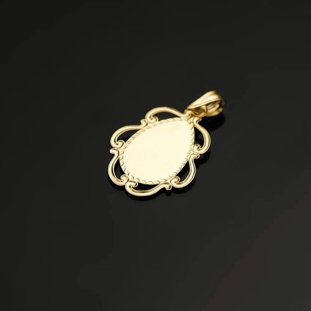 Virgen Niña Medalla en Oro de 18k para Primera Comunión 22mm. esmaltada blanco calada