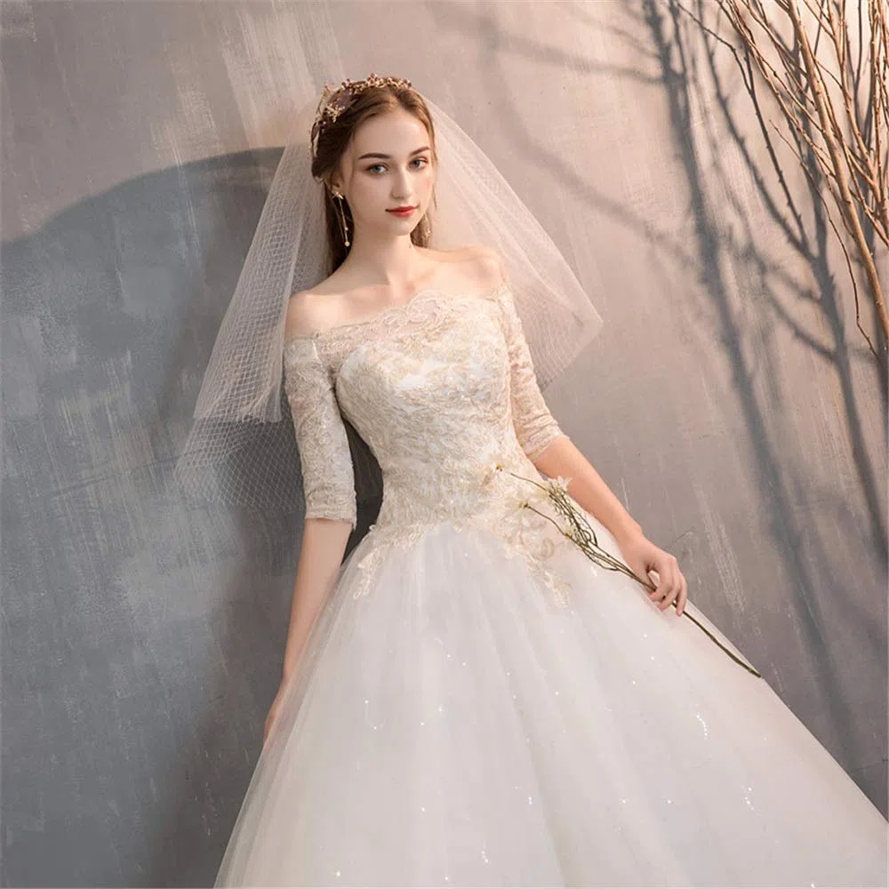 Vestido de Novia Y Dama de Honor Vestido de Noche Femenino de Manga Larga Bordado de Chiffon de Cintura Alta, Blanco, m