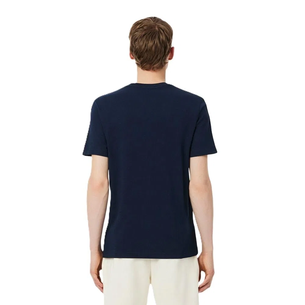 Lacoste Camiseta de Manga Corta para Hombre, Algodón 100%, Azul Marino, Cuello Redondo, Raya en Hombros, Regular Fit
