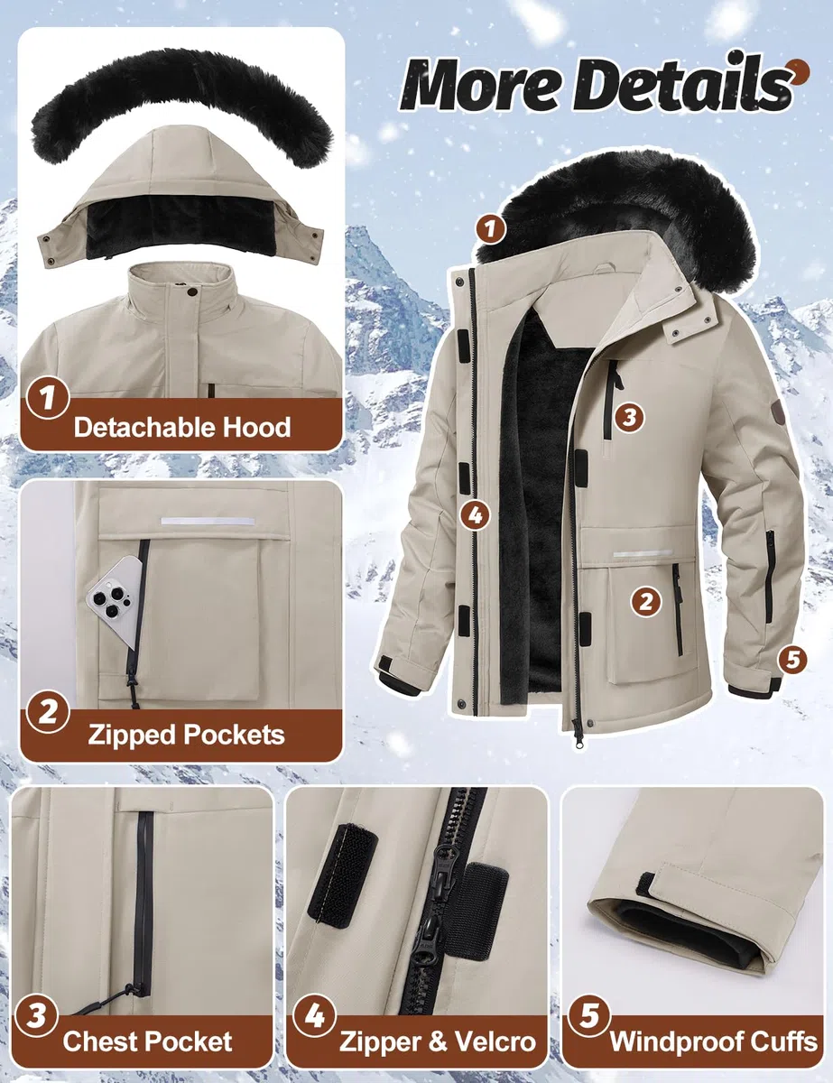 Voqeen Chaqueta de Esquí Invierno para Mujer Termica Abrigo de Nieve Impermeable de Montaña Forro Polar Antiviento Cazadora con Capucha