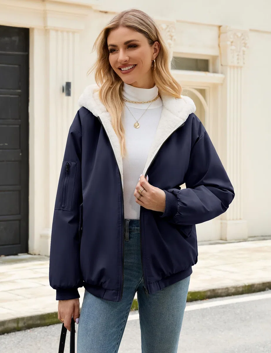 Vancavoo Chaqueta Reversible Mujer de Invierno con Capucha y Pelo Suave | Cazadora Corta con Cremallera, Puños de Canalé y Bolsillos en Ambos Lados para Uso Diario