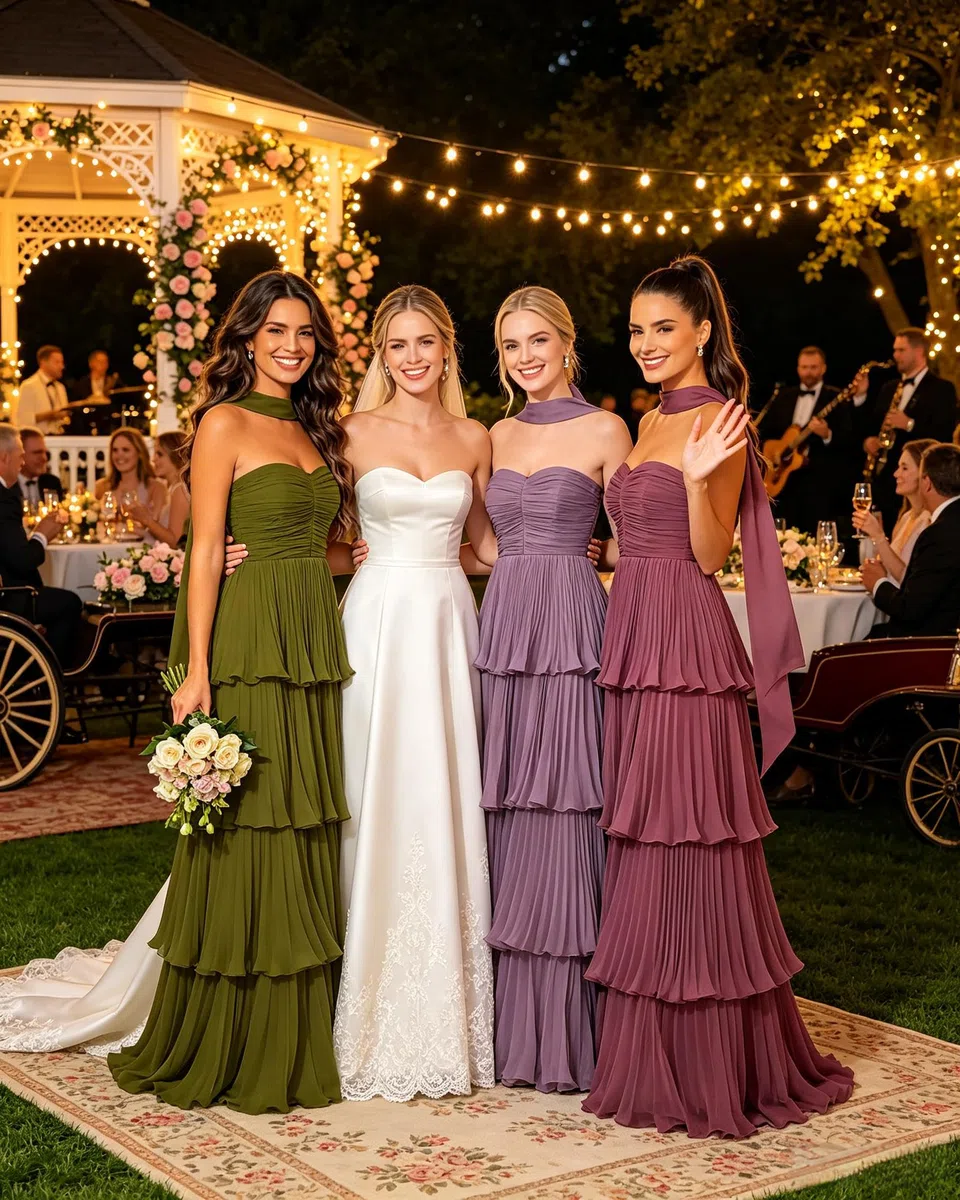 Vestidos largos de dama de honor de gasa sin tirantes escalonados con bufanda | Vestidos de graduación para mujer, vestido de invitada de boda, maxi plisado, formal, vestido de fiesta de noche con bufanda