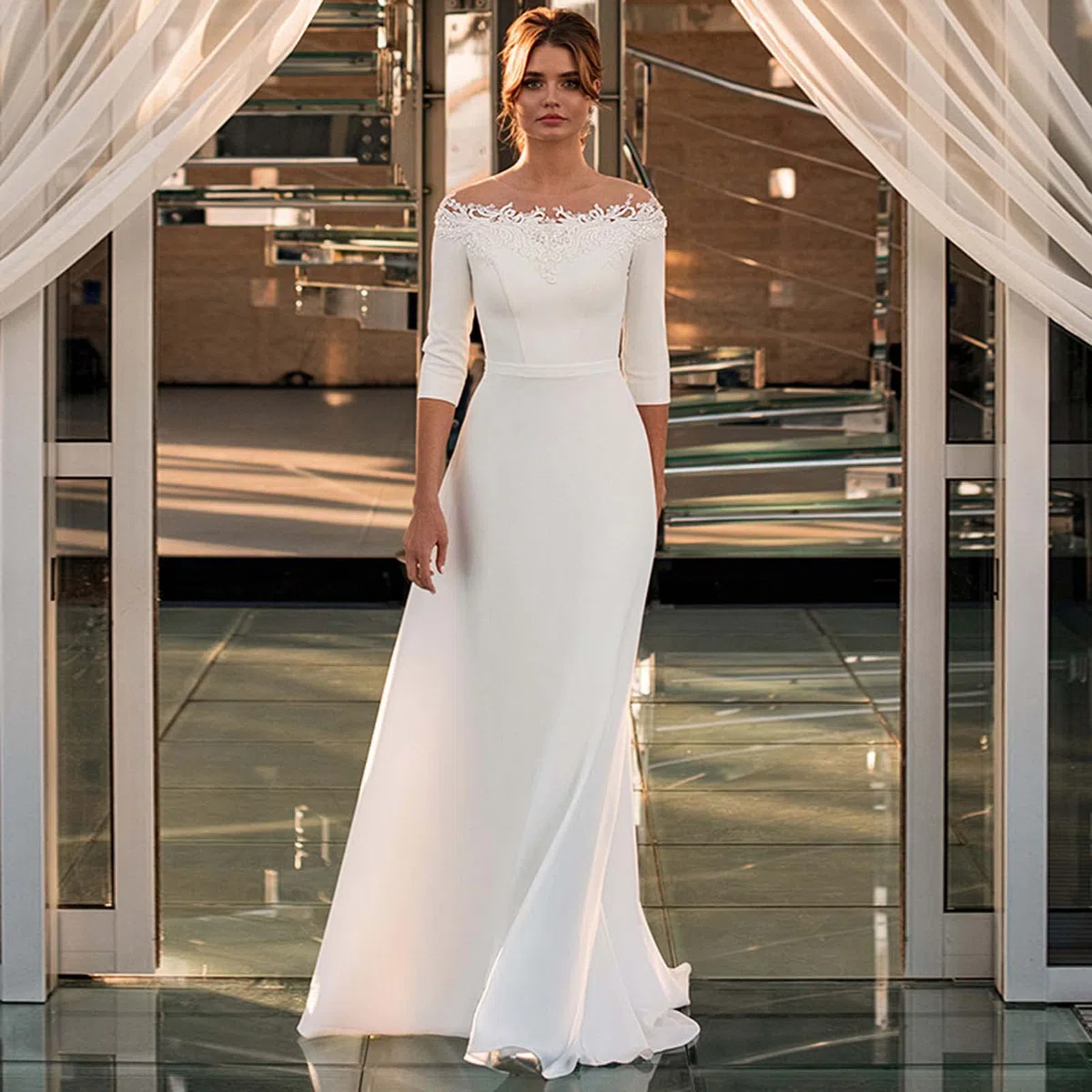 Vestido de Novia Retro, Vestido de Novia de 3/4 Mangas con Cremallera de Satén sobre Hombros, Blanco, 14W