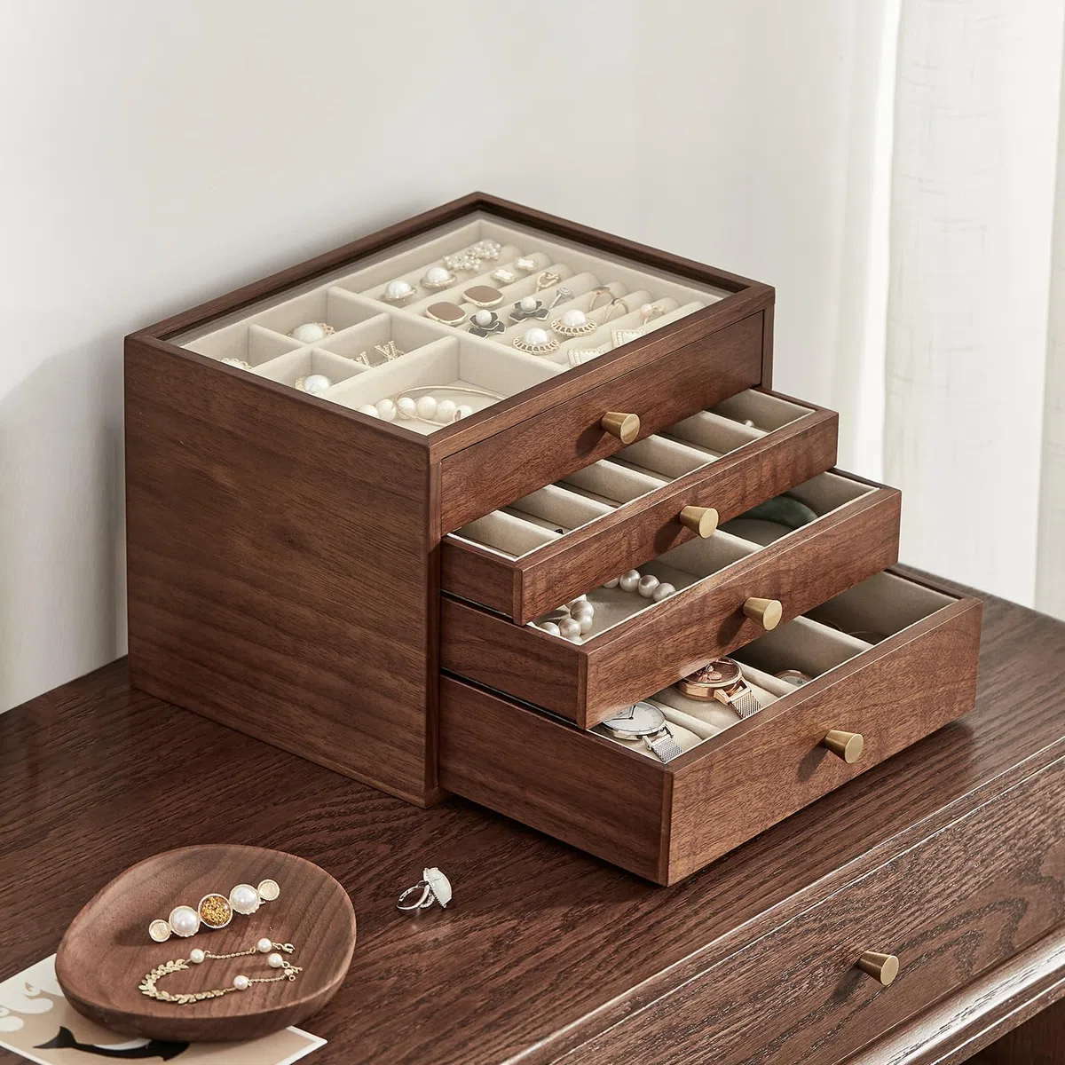 Joyero de madera de nogal negro, organizador grande de 4 cajones con tapa de cristal para guardar collares, relojes, anillos y pendientes, Regalo para Ella