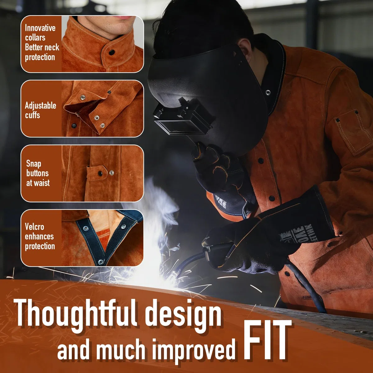 QeeLink Chaqueta de Trabajo de Soldadura de Cuero, Chaqueta para Soldador Ignifuga Robusto, Ropa Cuero Soldadura Cazadora Soldador para Hombre Mujere