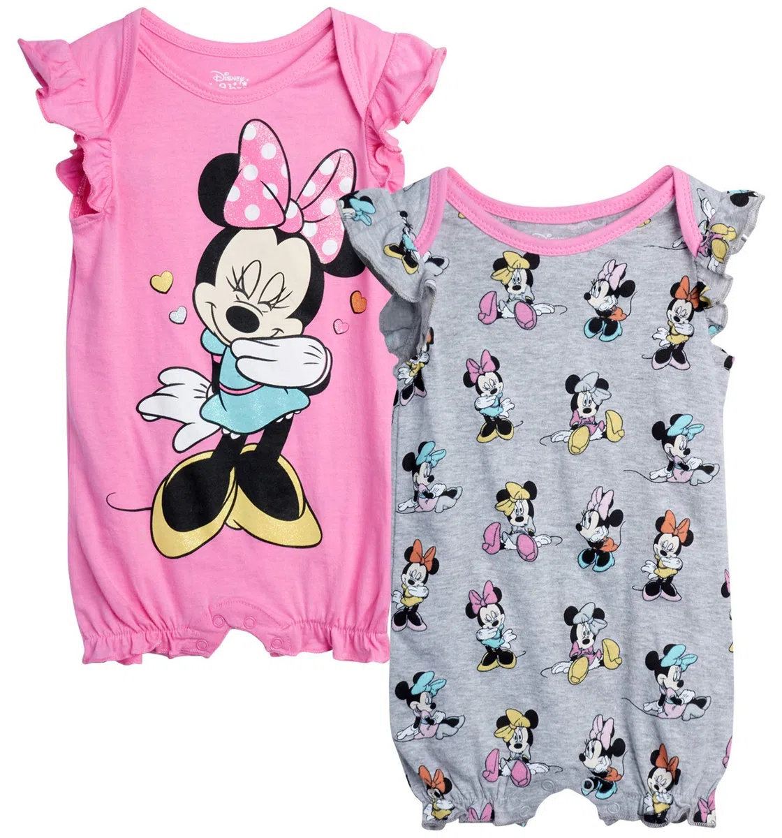 Disney Baby Girls Romper 2 Pack: Minnie Mouse Ruffle Sleeve Romper (Newborn/Infant), Size 0-3 Months, Pink Minnie/Grey Multi Minnie