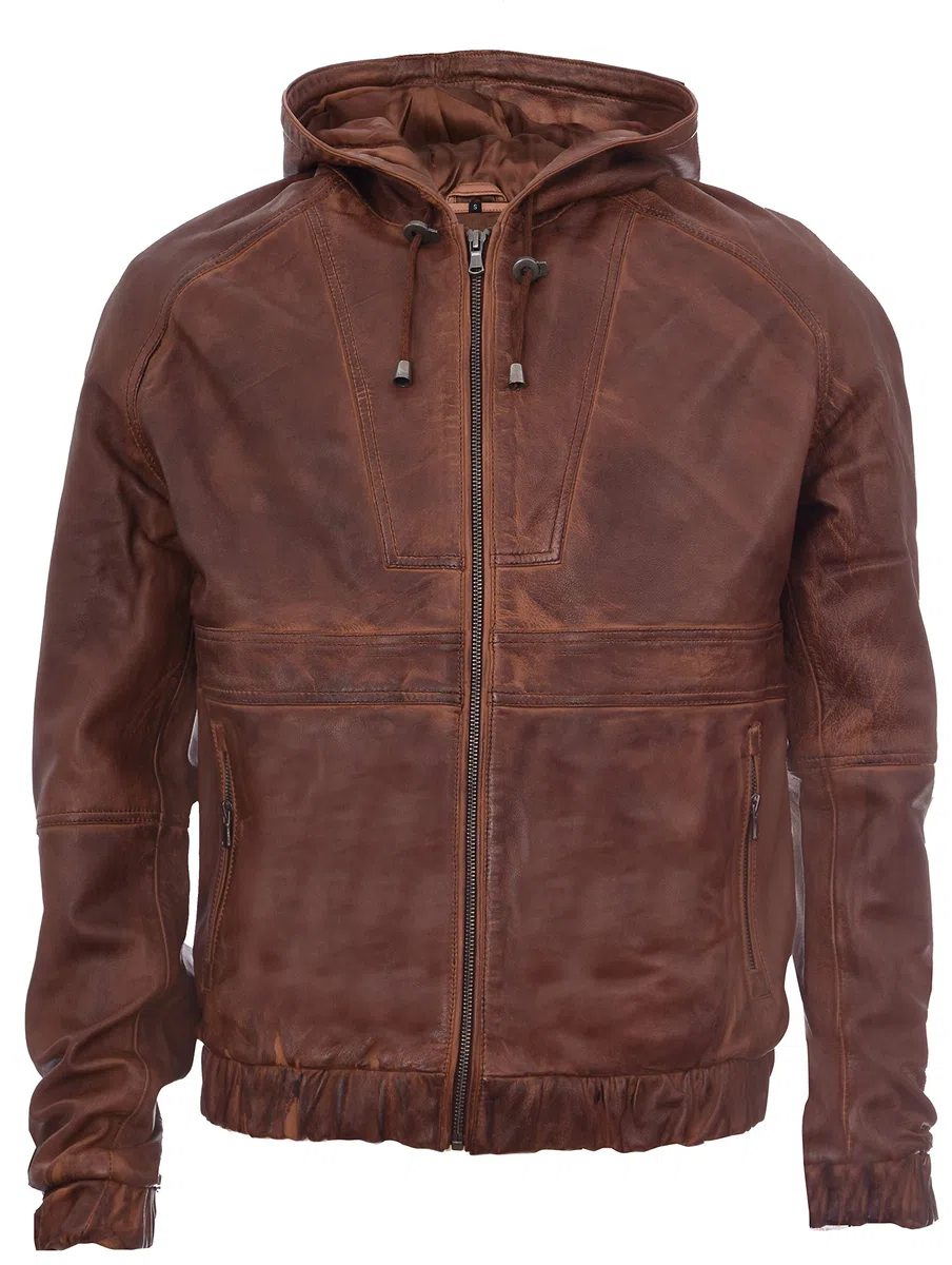 Infinity Leather Chaqueta Motera de Cuero con Capucha de Marrón Oscuro y Capucha de los Hombres.