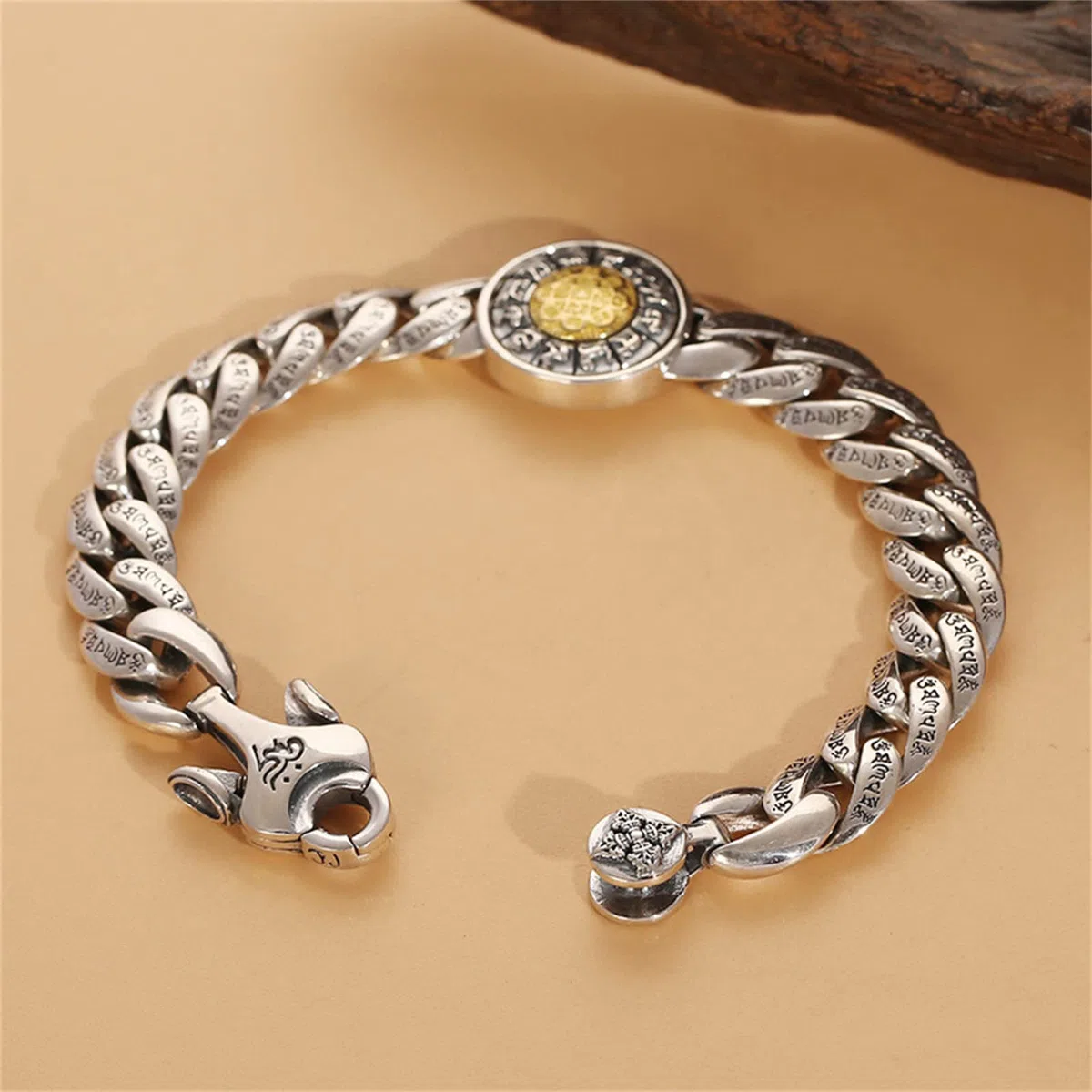 Brazalete del Zodíaco para Hombre Plata Ley S925, Brazalete Gótico Vintage Jiugong Bagua, Plata, 20 cm