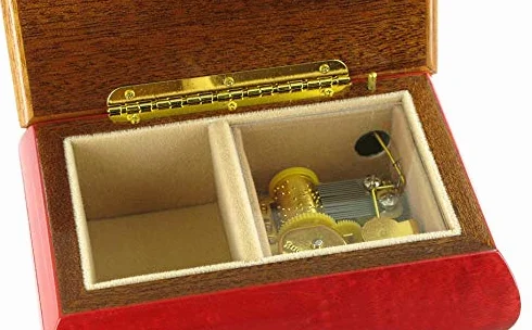 Caja de música para joyas/joyero musical de madera teñida de rojo con marquetería "instrumentos musicales" y mecanismo musical de resorte de 18 notas - Canon en re mayor de Pachelbel