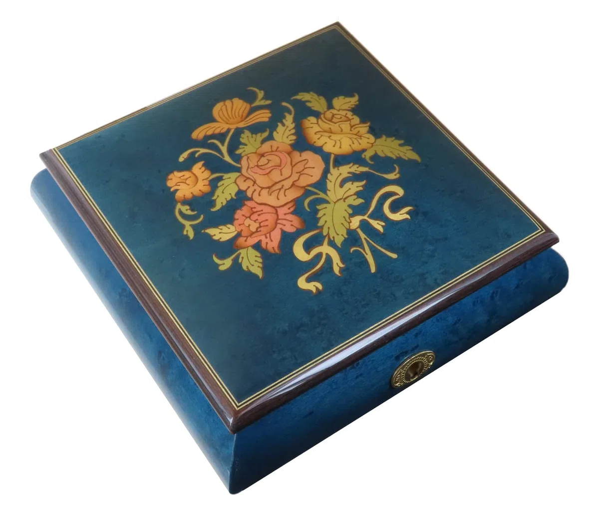 Joyero musical / caja de música para joyas de madera teñida de azul con marquetería ramo de flores y mecanismo musical de resorte de 18 notas - La vie en rose - La vida en rosa (Louiguy / Edith Piaf).