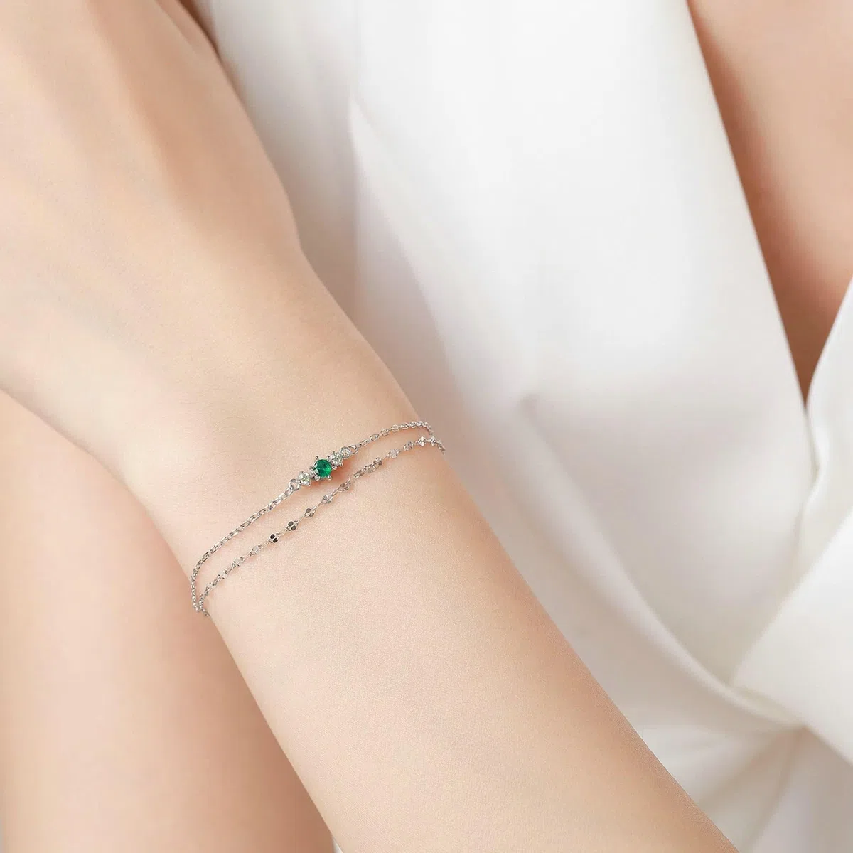 KnSam Pulseras de oro auténtico de 9 K/14 K/18 K, pulseras de doble capa con cadena de laboratorio creado en laboratorio verde esmeralda brazalete blanco oro Au 375/585/750