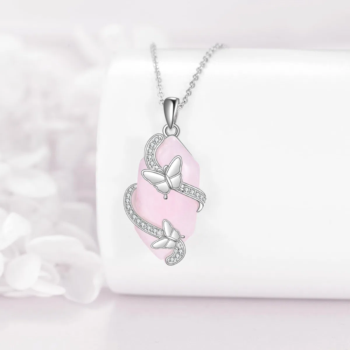 ONEFINITY Collar de cuarzo rosa de plata de ley 925 con colgante de mariposa, cristal rosa, joyería de cuarzo rosa para mujer