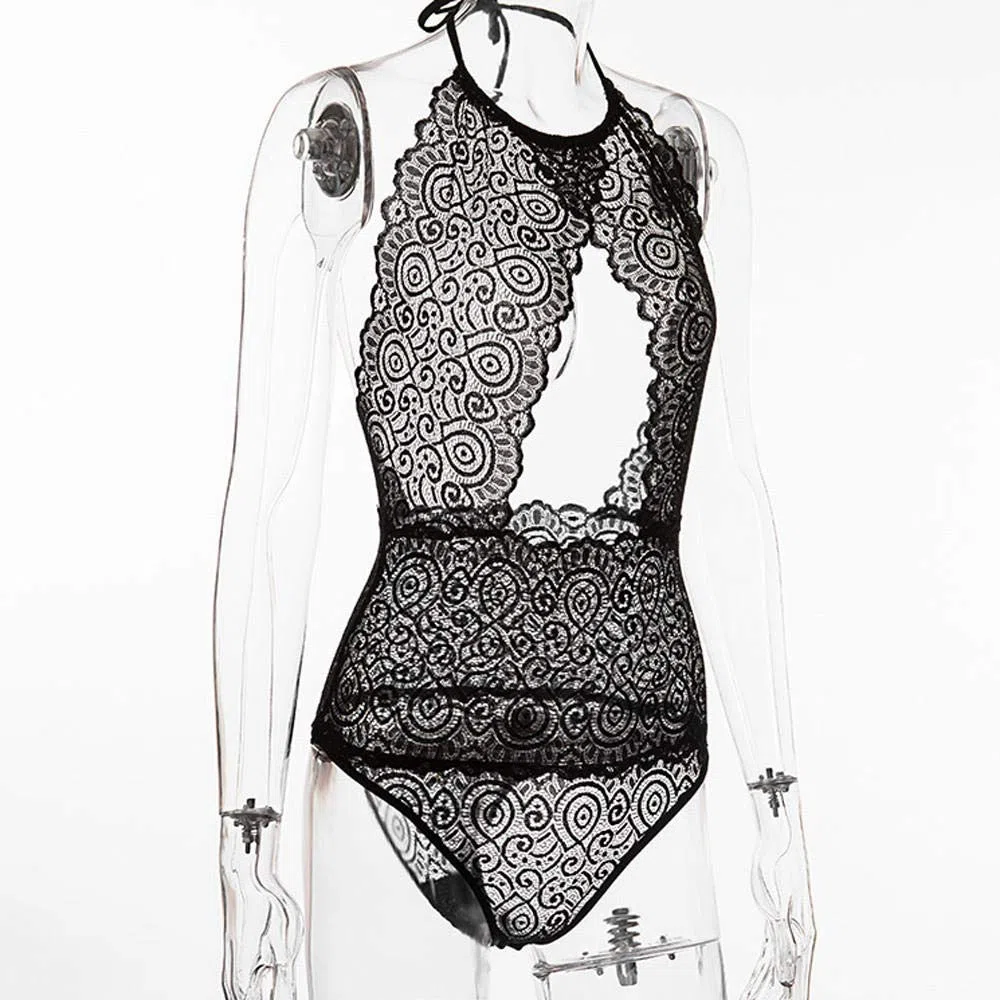 Mujer Sexy Color Negligee con Liguero Muy Sensual Lenceria para DamaBody de encaje hueco para mujer, mono Sexy transparente para mujer, Body Sexy transparente con escote en V profundo, ropa de dormir