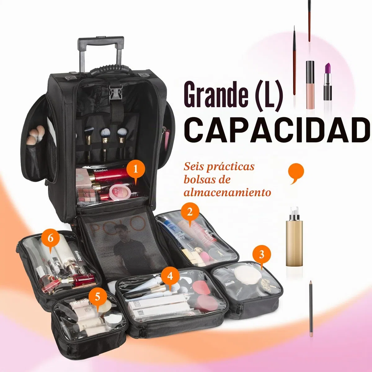 Organizador de Cosméticos Portable, Estuche de Maquillaje con Ruedas de Nylon Suave con Bolsos, Negro