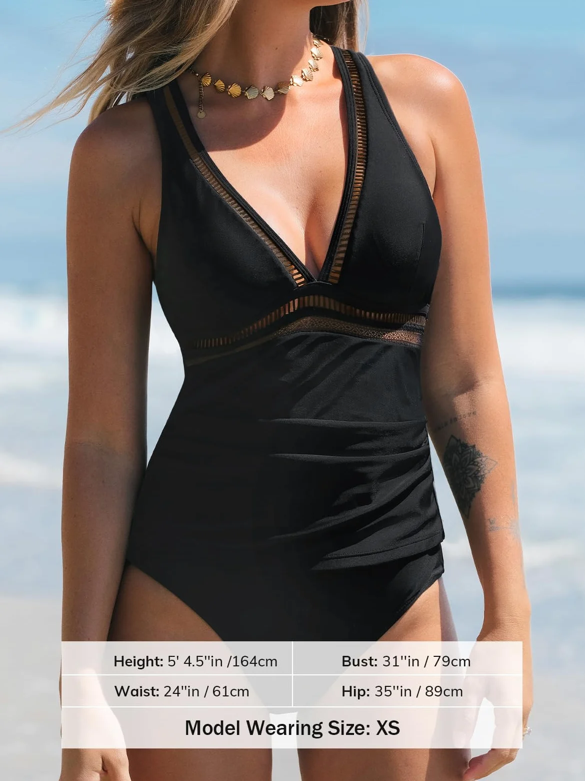 CUPSHE Conjunto de tankini para mujer, traje de baño de dos piezas, cuello en V, traje de baño de malla entrecruzada en la espalda con tirantes ajustables