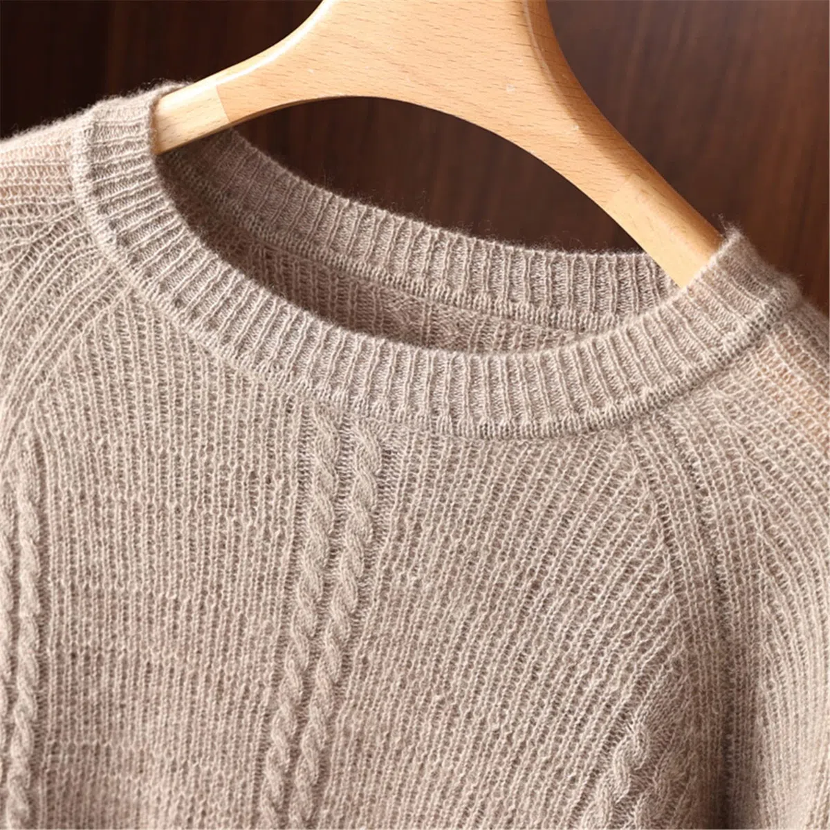 Kelsiop Primavera y otoño 100% suéter de cachemira de las mujeres suéter de cuello redondo casual de punto suelto de moda suéter cálido, beige, M