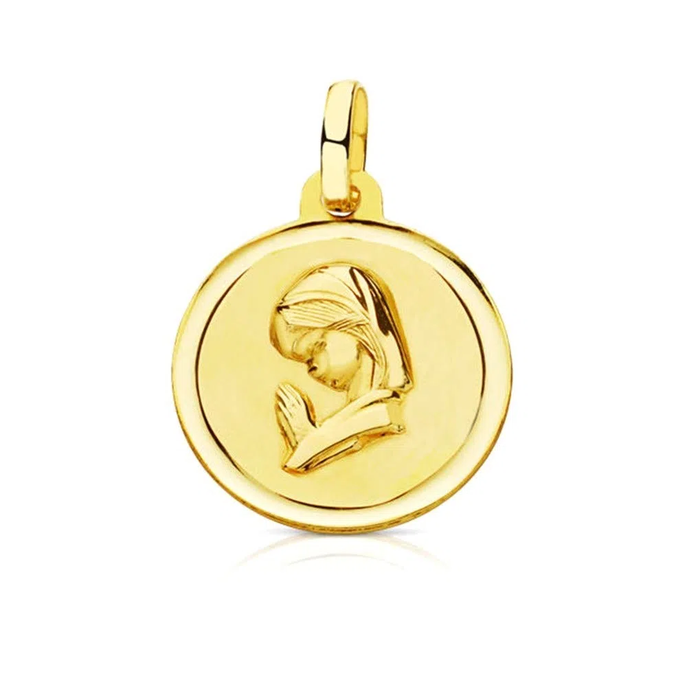 Medalla oro 18k Virgen Niña 16mm. perfil rezando bisel lisa