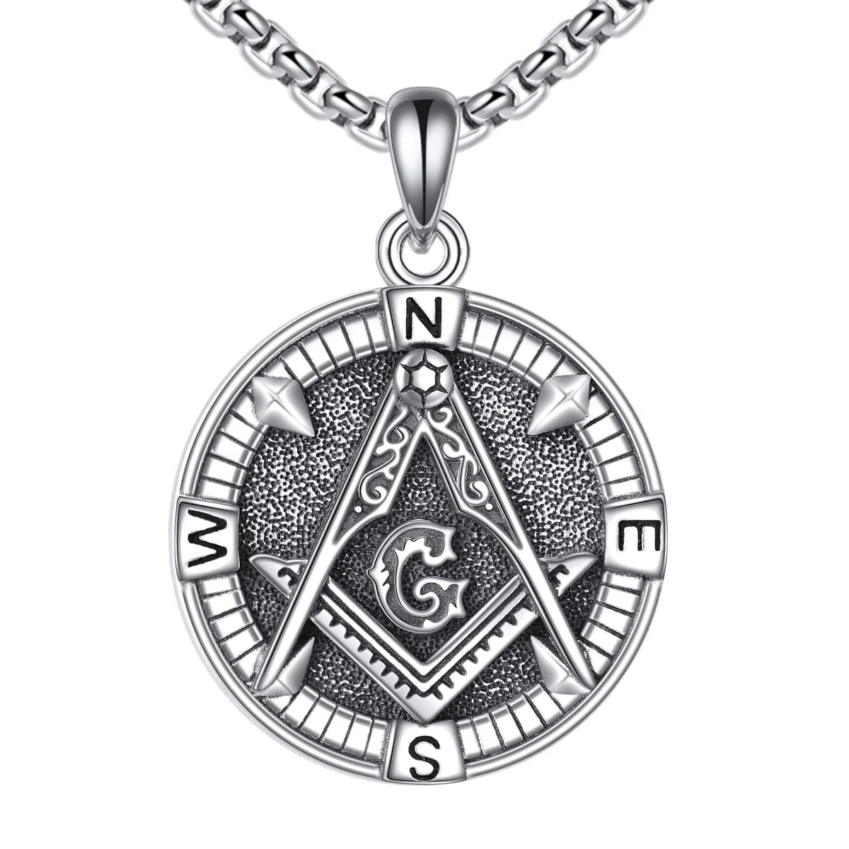 ONEFINITY Collar masónico de plata de ley 925 con colgante de brújula masónica, collar de masonería, símbolo de masón, joyería para hombre, talla única, Plata, No es una piedra preciosa