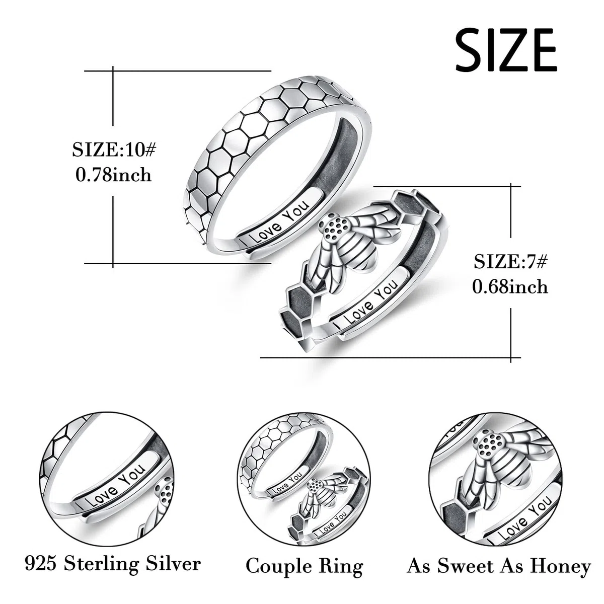 Juego de anillos de pareja de panal de abeja, plata de ley 925, bonito anillo de combinación de animales para parejas, grabado "I Love You", anillo de compromiso ajustable para él y para ella