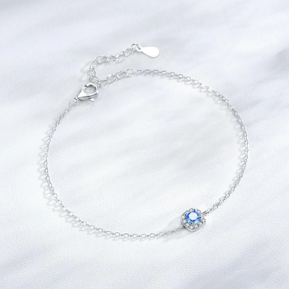 Pulseras Oro Blanco 9K / 14K / 18K Mujer, Cuadrado y Redondo con Topacio y Diamante, Cadena Extensible 16 CM + 5 CM, Pulsera Mujer Plata Azul