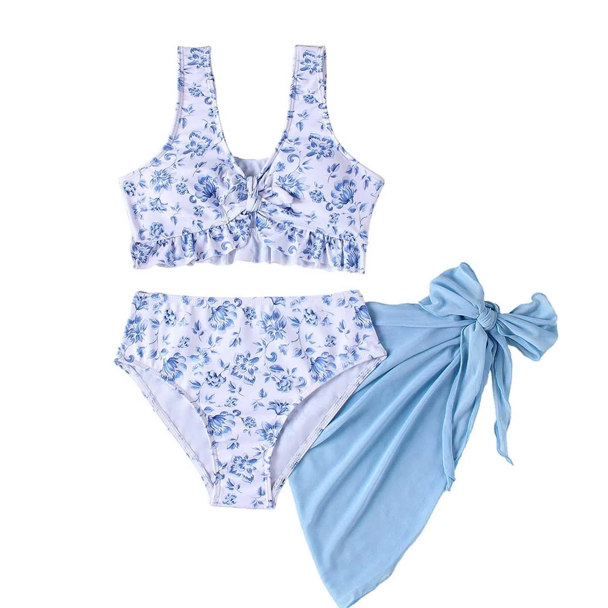 Bikini para adolescentes y niñas, 3 piezas, con estampado floral y revestimiento de malla, traje de baño para niños grandes, playa de verano