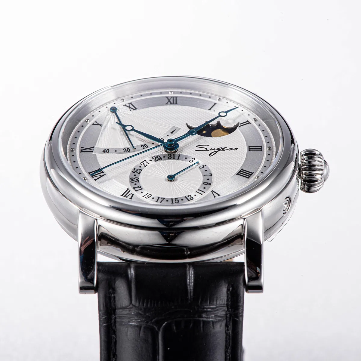 SU2153SW MoonPhase Master Seagull ST2108 - Reloj mecánico automático para hombre con cristal de zafiro 1963, plata, Correa