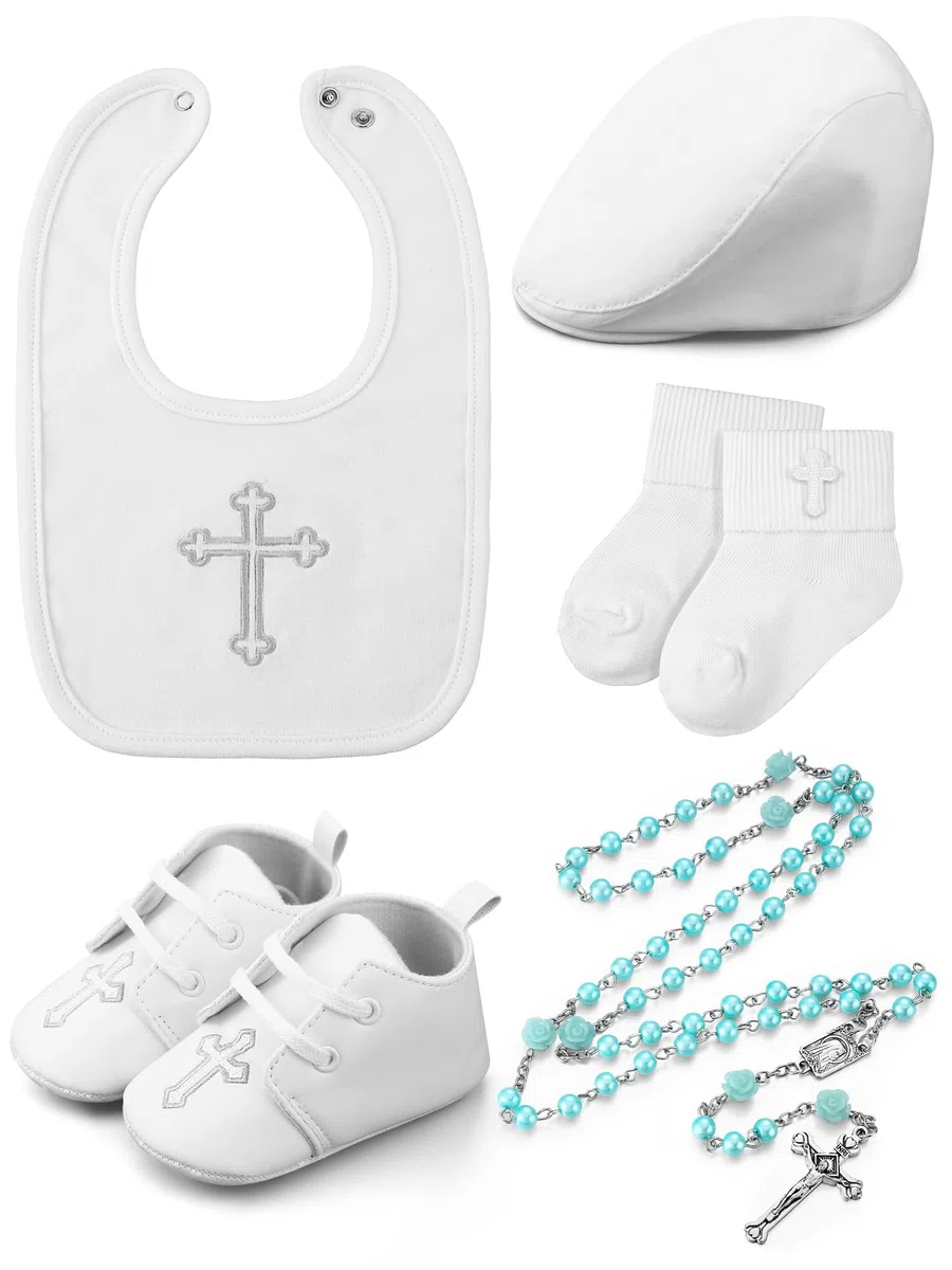 5 baberos de bautizo para bebés y niños, calcetines de bautizo, zapatos, sombrero, rosario, trajes de bautizo blancos para niños pequeños, regalo de primera comunión, blanco, aproximadamente