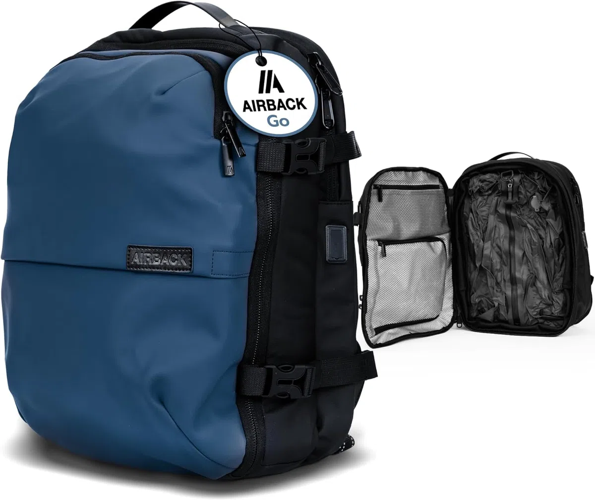 Airback GO Mochila Viaje Vacio - 16-32L, Mochila de Compresión al Vacío, Mochila Cabina, Bolsas de Viaje Ligeras y Ampliables, Cómodas y Resistentes al Agua, Azul