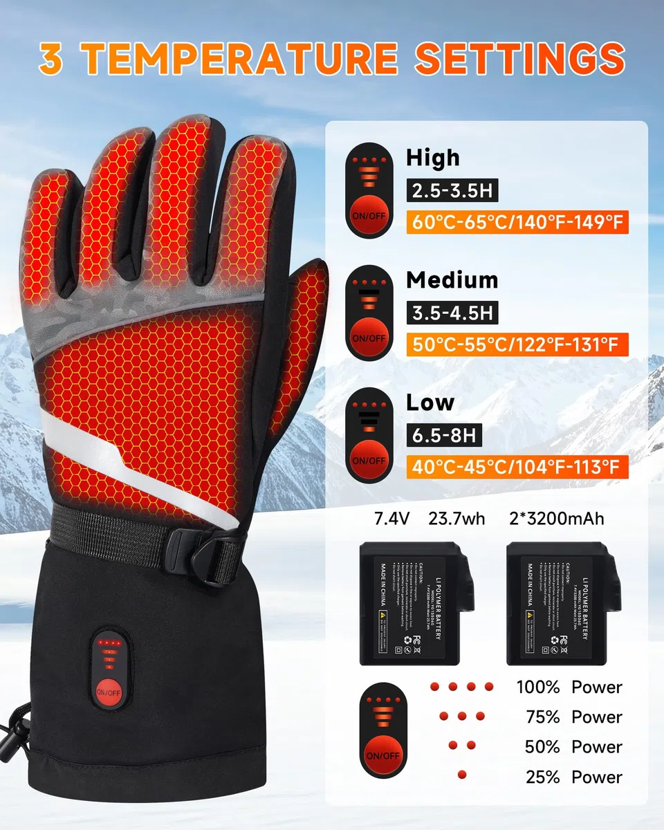 LAMA Guantes calefactables de esquí para hombre y mujer, guantes de ciclismo, guantes de invierno calentados, guantes deportivos con batería de 7,4 V 23,7 wh, para motociclismo, esquí, actividades al