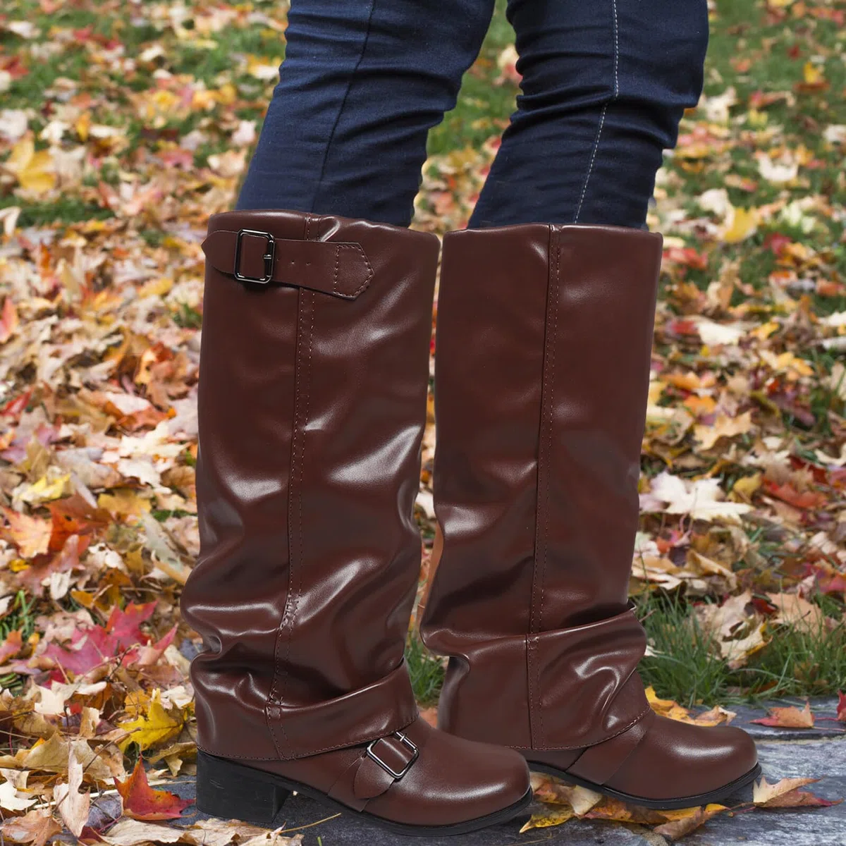 Healeved Botas de Montar Retro para Mujer Botas Marrones de Pu Estilo Western Rodilla de Vestir Gruesas para Fiesta de Baile Campestre