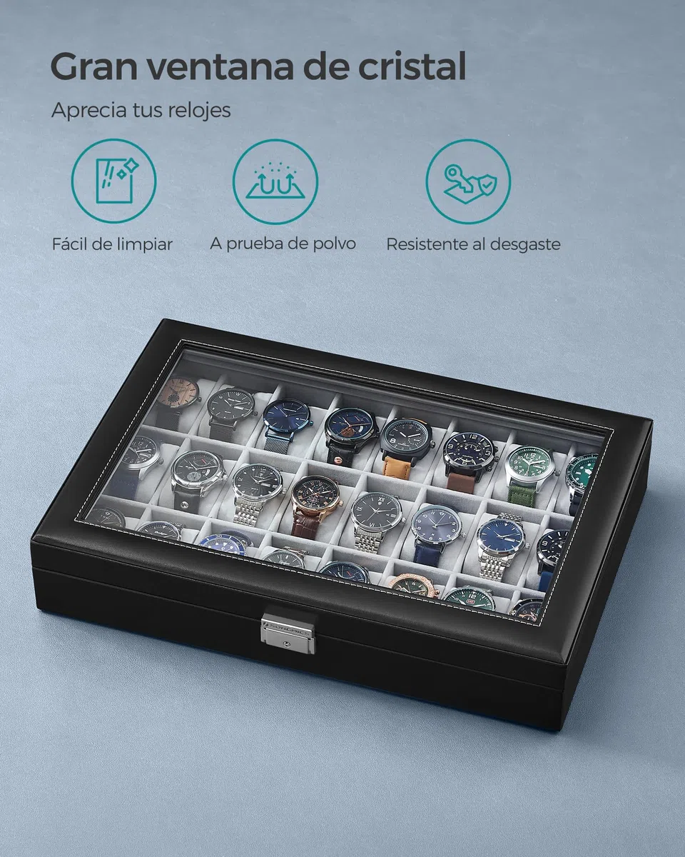 SONGMICS Caja de Relojes, Estuche de Relojes con Cierre, con 24 Ranuras, Tapa de Cristal, Regalo para Seres Queridos, Cuero Sintético, Forro Gris y Superficie Negro Tinta JWB024