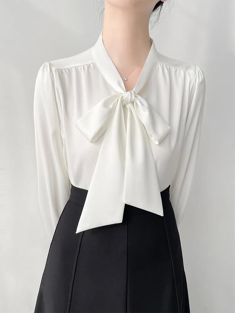 Camisa de Oficina de Saten con Manga Larga y Lazo para Mujeres