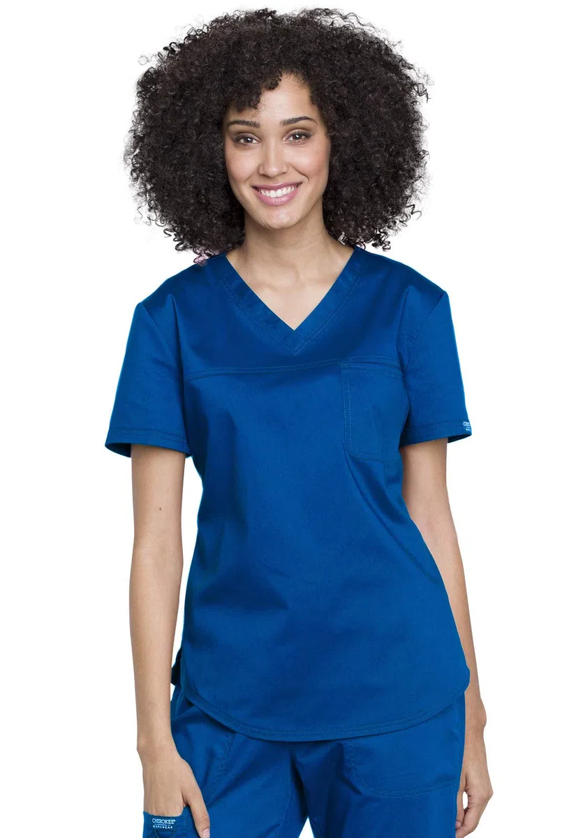 Cherokee Conjunto de uniforme médico para mujer con cuello en V, WW657 con pantalón médico de tiro medio y pierna cónica con cordón, WW105, real- S Top/S pantalón alto