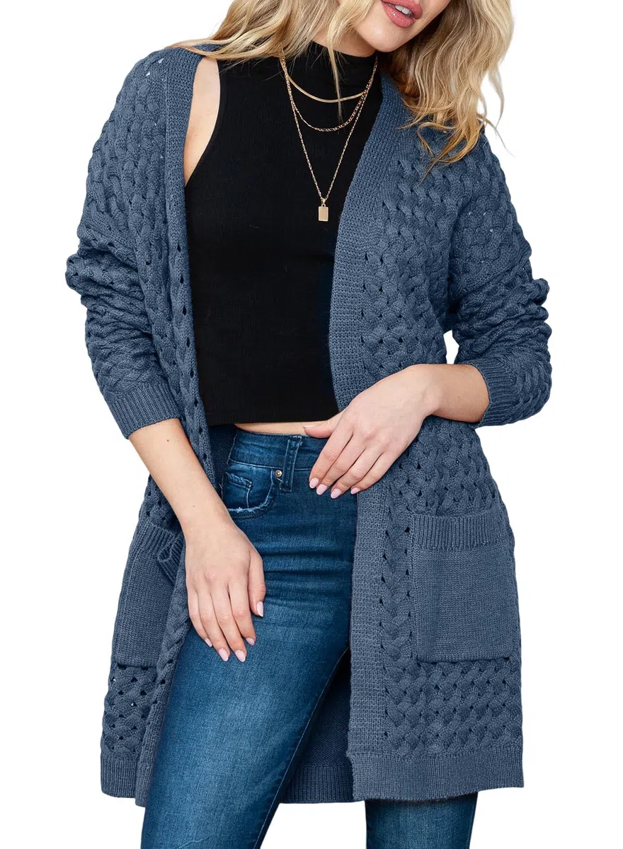 Chaqueta larga de punto para mujer, chaqueta de punto frontal abierta, abrigo con bolsillos, ropa exterior holgada informal para uso diario, Real Teal, XXL