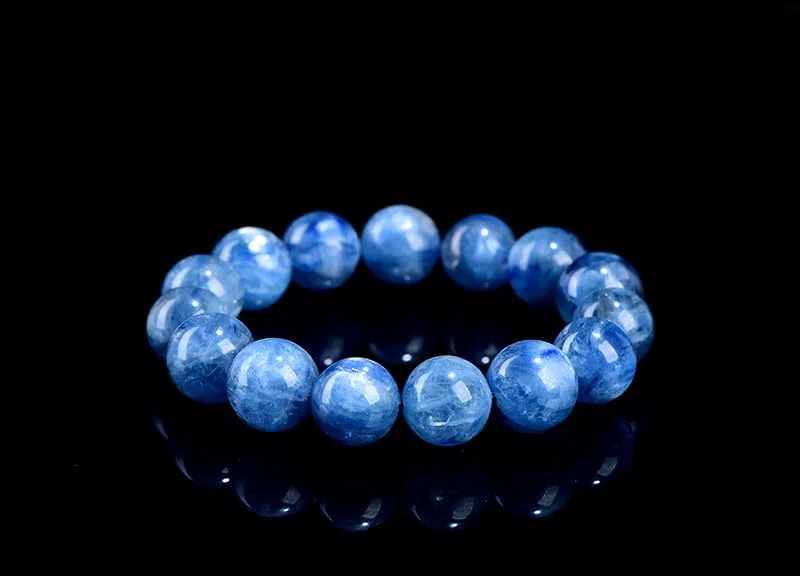 Pulsera de Cuentas Redondas de Cristal de cianita Azul-Verde Natural – Patrón de Flores flotantes, Pulsera elástica de cianita simbiótica de Mina Antigua,16~16.8mm