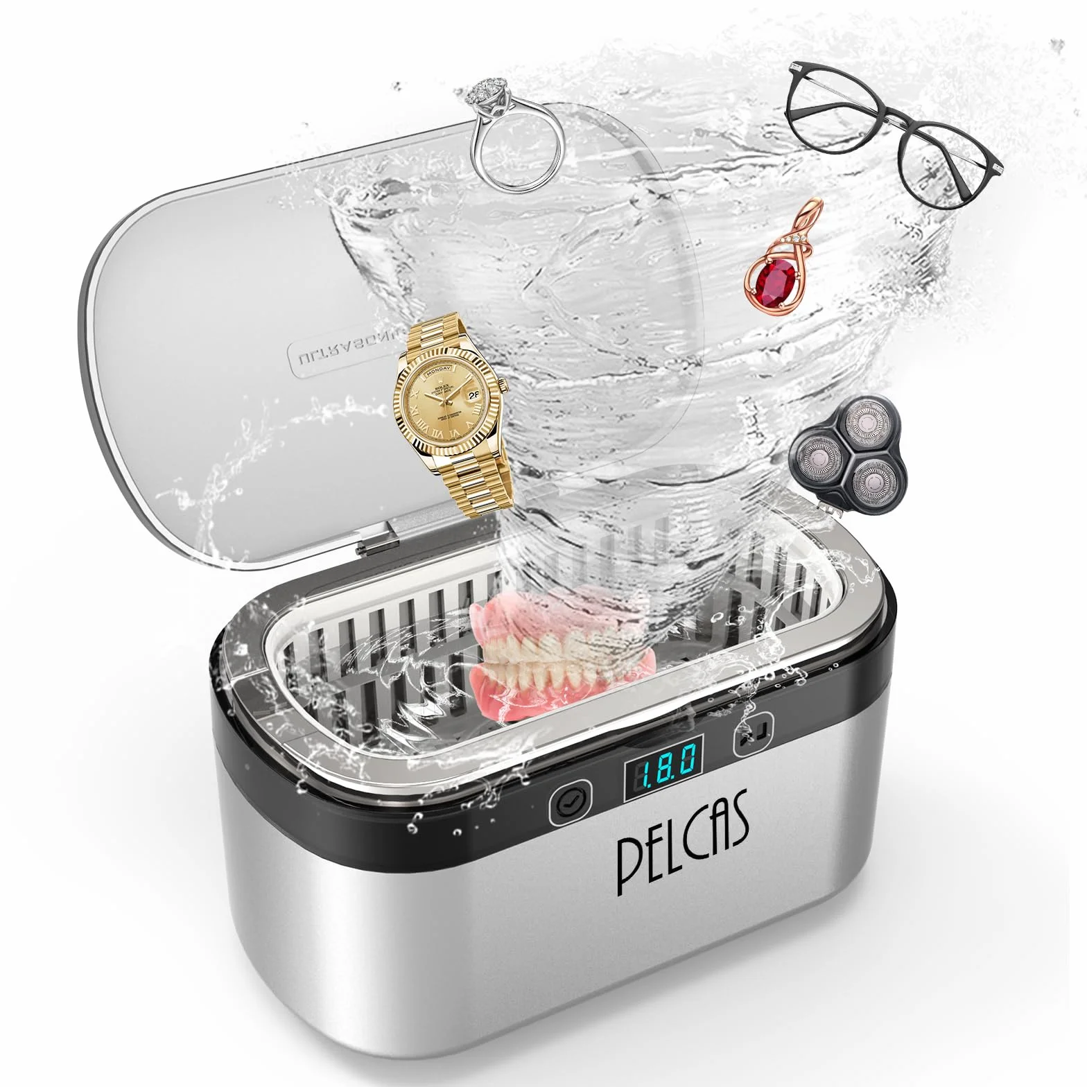 PELCAS Limpiador Ultrasonidos 45KHz 500ml Limpiador Ultrasónico Actualizado 38W Ultrasonidos Limpieza con Pantalla Táctil con 5 Modos de Temporizador para Joyería Dentaduras Postizas Gafas Relojes