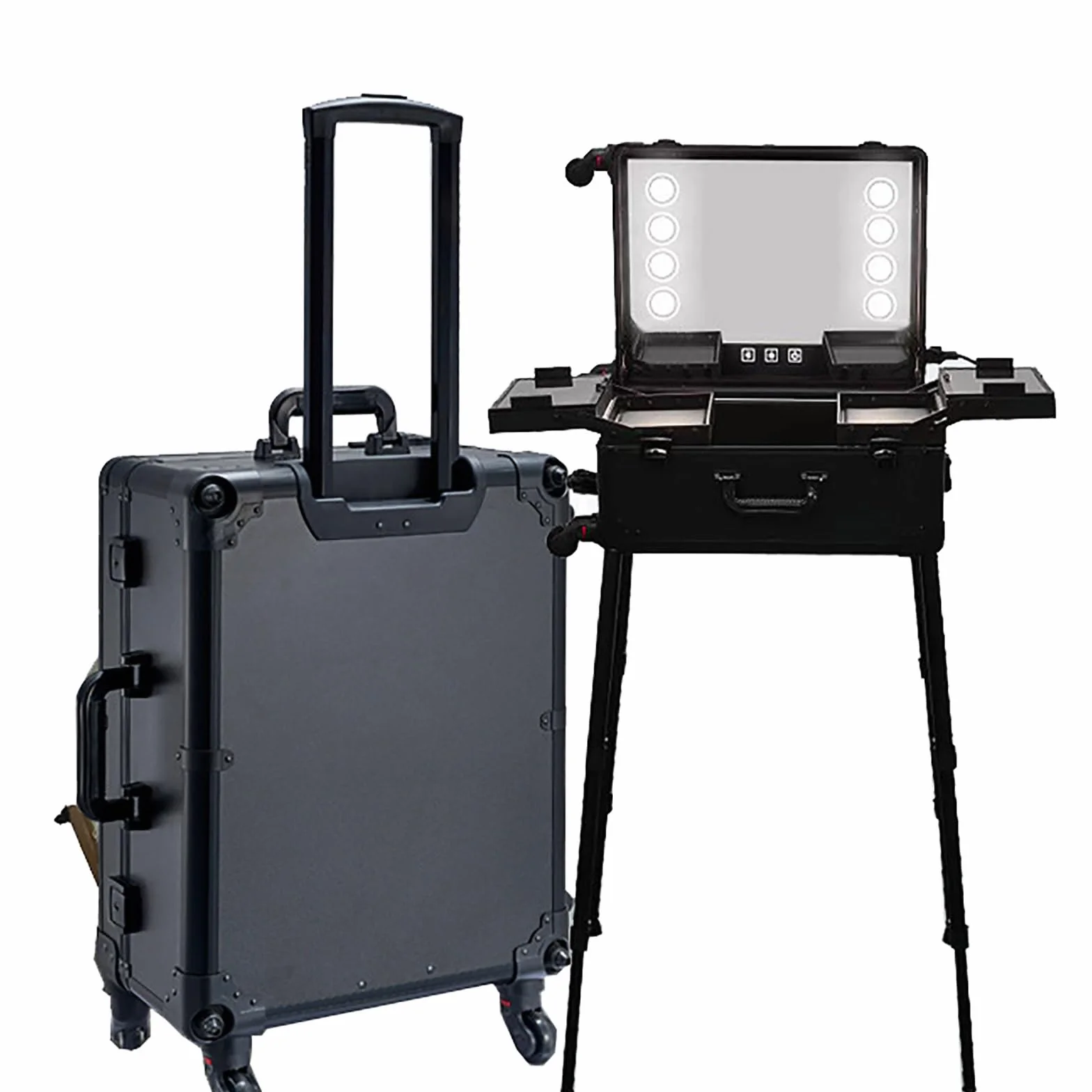 Estuche de maquillaje rodante con espejo y luces LED, estación de viaje portátil para profesionales, Svart