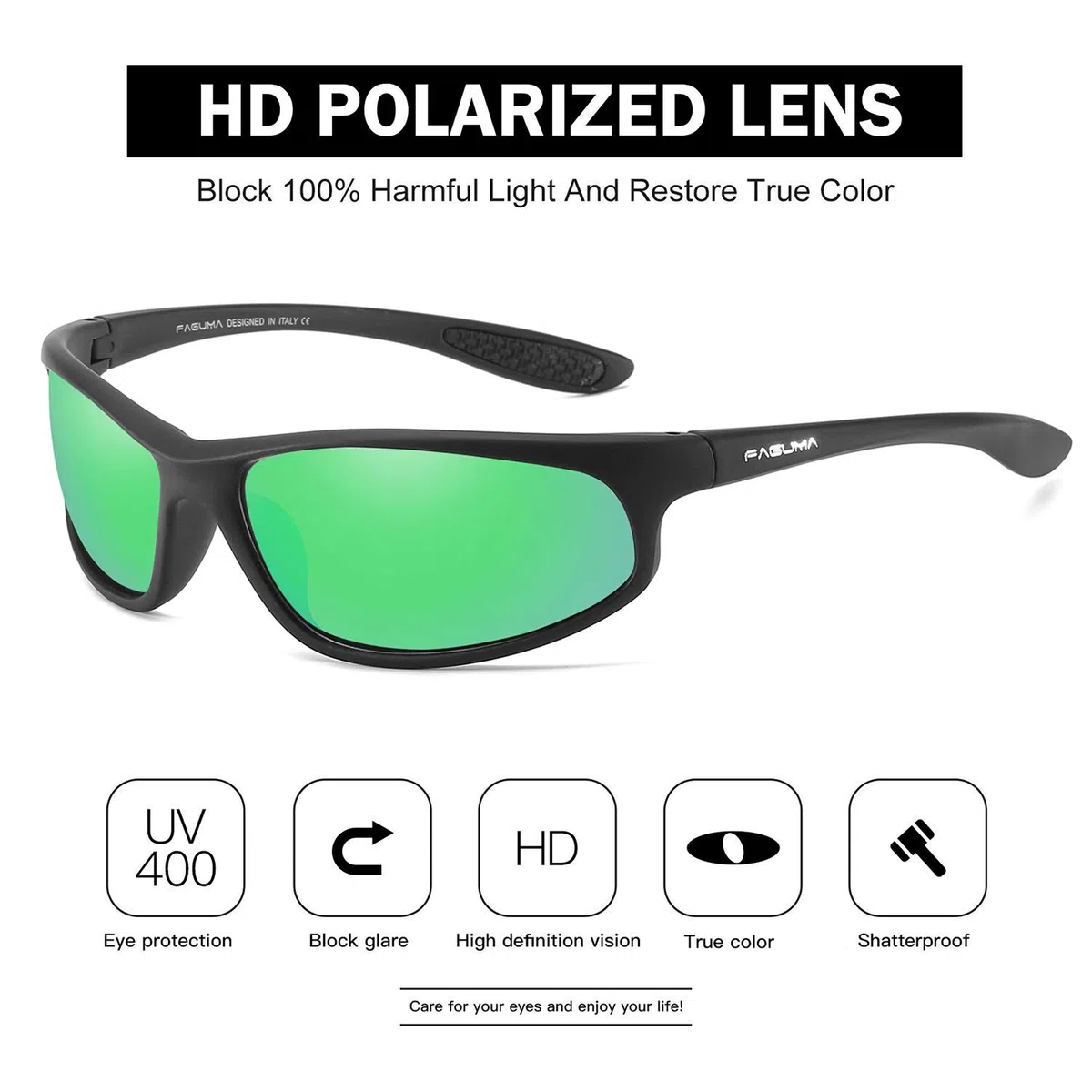 FAGUMA Gafas de sol polarizadas de los deportes para los hombres que conducen la pesca 100% protección ULTRAVI, Marco negro mate/lente de espejo verde.