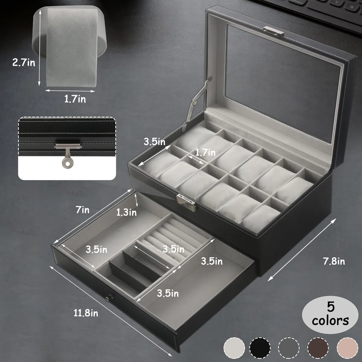 Ogrmar Cajas de almacenamiento de relojes de piel sintética con 12 ranuras, caja de almacenamiento de joyería para hombres y mujeres, organizador de 2 niveles con tapa de vidrio