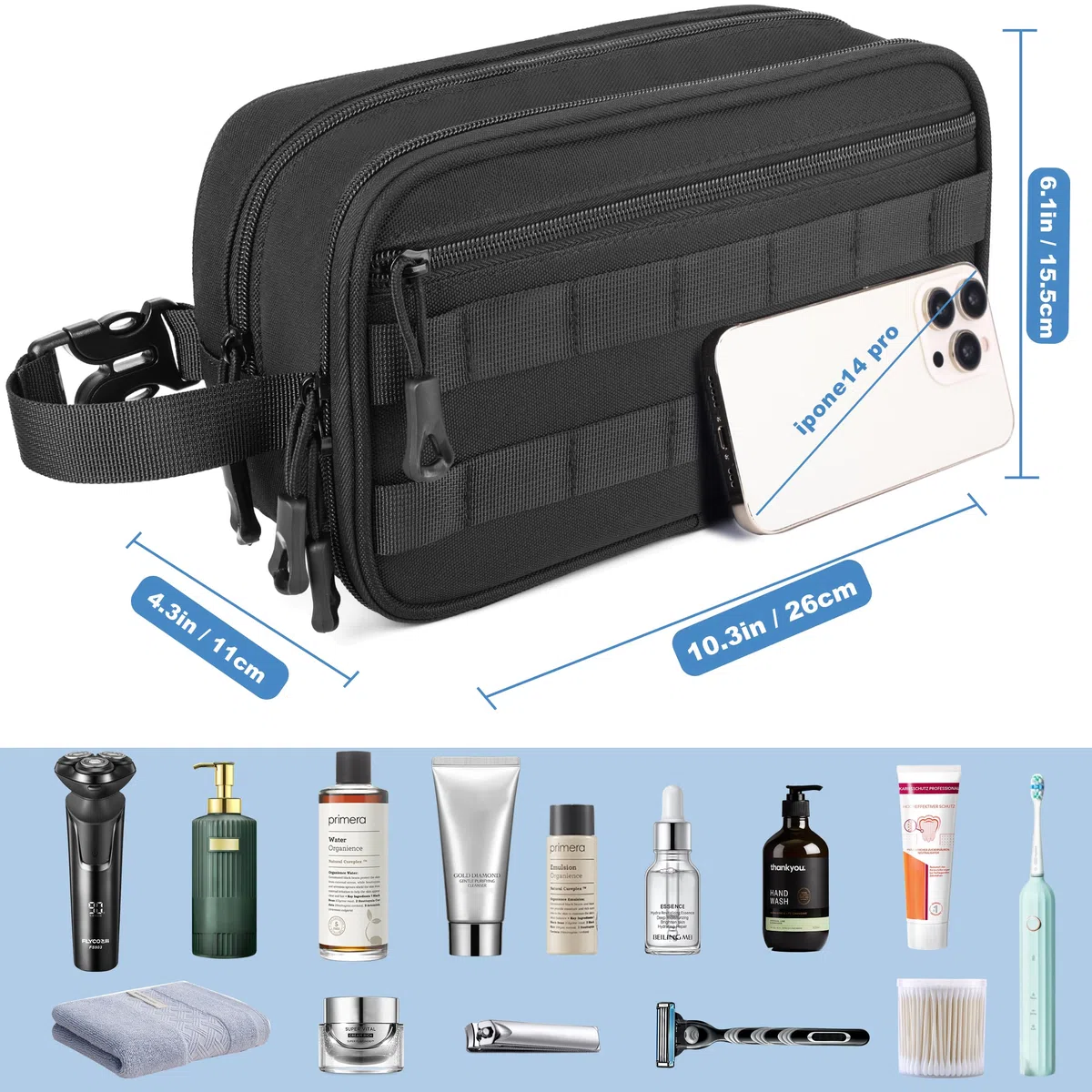 HILOMON Neceser de viaje para hombre, con cremalleras YKK, bolsa de aseo táctica con compartimentos, bolsa de baño impermeable, bolsa de higiene, bolsa de cosméticos para hombres, Negro -,