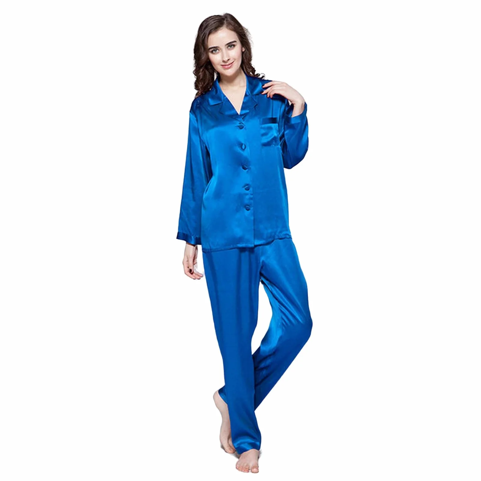 MOGSA Pijama para mujer, primavera y otoño, conjunto de pijama de seda para mujer, liso, 2 piezas, botones frontales, pantalones para el hogar, overoles para mujer, azul diamante, XS